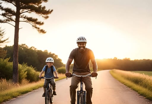 AI generated of father and son riding bikes on a country road