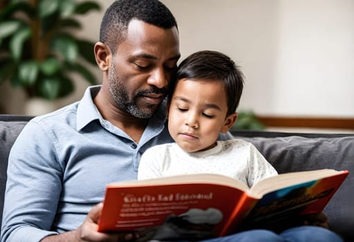 AI generated of a man and a child are sitting on a couch and reading a book