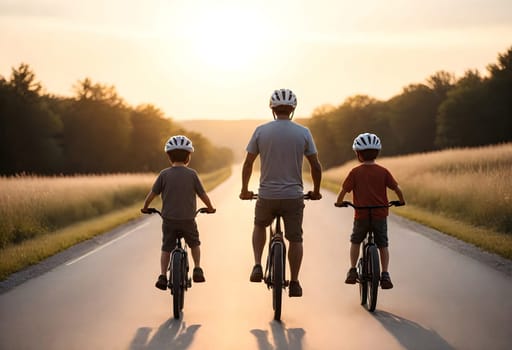 AI generated of a father and son riding bikes on a country road