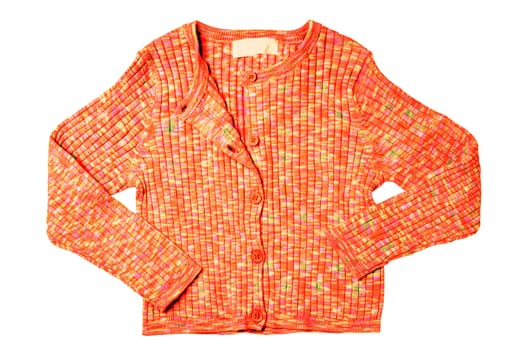 Girls clothes. Multi-colored knitted elegant fluffy cardigan or jumper with v-neck and button closure isolated. Clipping path. Kids and children's fashion.