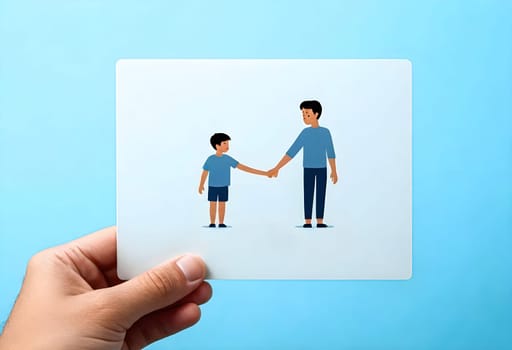 AI generated of a hand holding a card with picture of a man and a boy holding hands