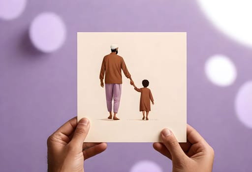 AI generated of a man and a child holding hands on a card that hold by person hands on purple background