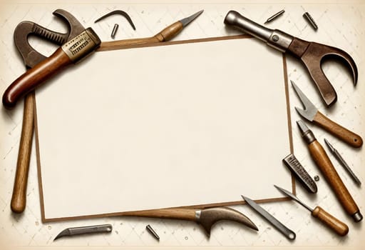 AI generated of a collection of tools including a carpentering tools and a sign that empty on the middle
