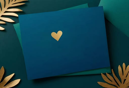AI generated of a blue envelope with a golden heart on it on dark green background