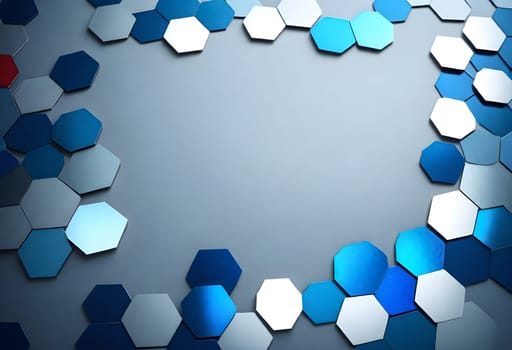 AI generated of a collection of glass and metal objects in hexagonal shape on grey background