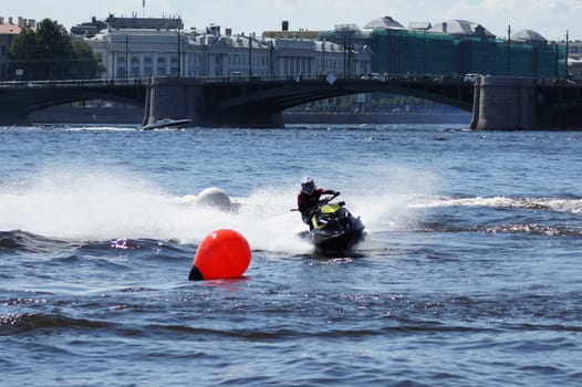 Russia, Volgodonsk - June 10, 2015: Racing on water scooters. Sports on the water.