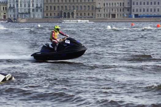 Russia, Volgodonsk - June 10, 2015: Racing on water scooters. Sports on the water.