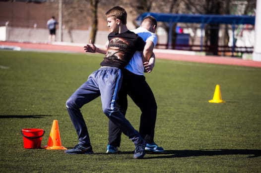 Russia, Volgodonsk - may 17, 2015: Relay all-round. Competition program with multiple exercises