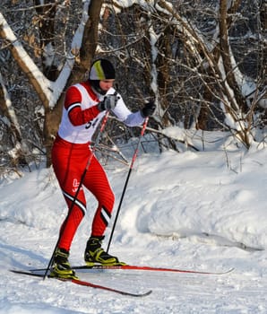 Russia, Volgodonsk - January 18, 2015: SkiingTraining ride on skis Winter sport