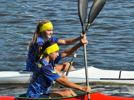 Russia, Volgodonsk - June 10, 2015 Swim kayaking Swimming competition kayak