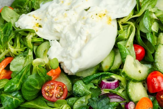 Heathy salad of leafy greens, cherry tomatoes, cucumbers, peppers and Burrata cheese. Close up.