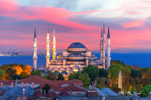 The Blue Mosque or Sultan Ahmet Mosque of Istanbul, colorful sunset view, Turkey.