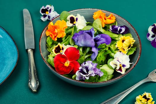 Detox seasonal colorful edible flower salad. Organic food