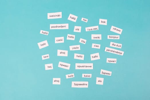 European languages, word hello in different language spoken in Europe, concept of multilingual business and community, multilingualism in the EU