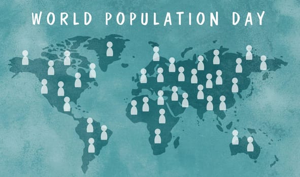 World population day, map with people, international equality, friendship and peace concept, awareness of global problems