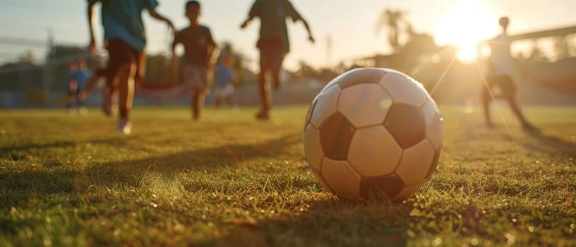 A dynamic close-up of a soccer ball on the field with players in motion in the background, captured during a captivating sunset
