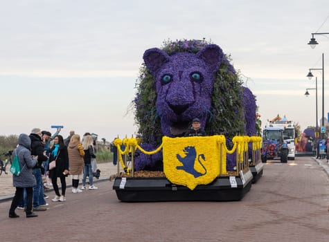 Noordwijk, Netherlands - April 22, 2023: Spectacular flower covered floats in the Bloemencorso Bollenstreek the annual spring flower parade from Noordwijk to Haarlem in the Netherlands.