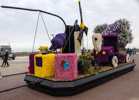 Noordwijk, Netherlands - April 22, 2023: Spectacular flower covered floats in the Bloemencorso Bollenstreek the annual spring flower parade from Noordwijk to Haarlem in the Netherlands.