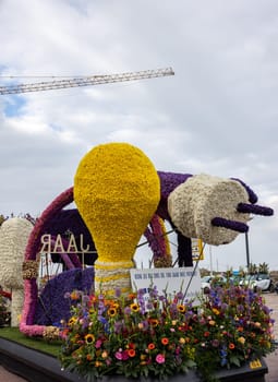 Noordwijk, Netherlands - April 22, 2023: Spectacular flower covered floats in the Bloemencorso Bollenstreek the annual spring flower parade from Noordwijk to Haarlem in the Netherlands.