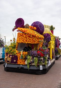 Noordwijk, Netherlands - April 22, 2023: Spectacular flower covered floats in the Bloemencorso Bollenstreek the annual spring flower parade from Noordwijk to Haarlem in the Netherlands.