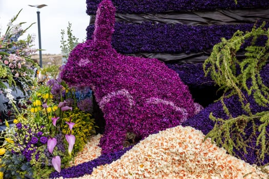 Noordwijk, Netherlands - April 22, 2023: Spectacular flower covered floats in the Bloemencorso Bollenstreek the annual spring flower parade from Noordwijk to Haarlem in the Netherlands.
