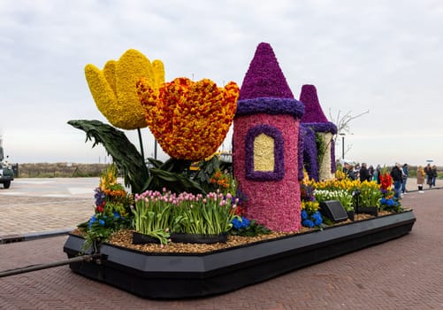 Noordwijk, Netherlands - April 22, 2023: Spectacular flower covered floats in the Bloemencorso Bollenstreek the annual spring flower parade from Noordwijk to Haarlem in the Netherlands.