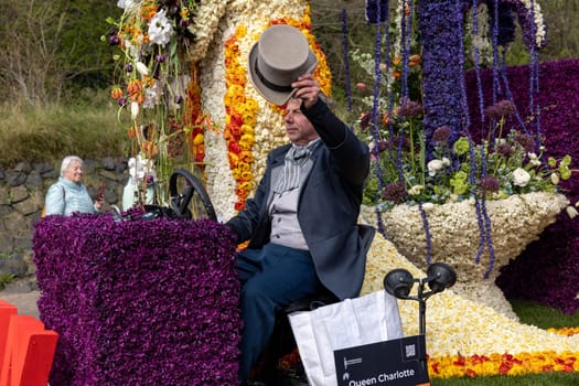 Noordwijk, Netherlands - April 22, 2023: Spectacular flower covered floats in the Bloemencorso Bollenstreek the annual spring flower parade from Noordwijk to Haarlem in the Netherlands.