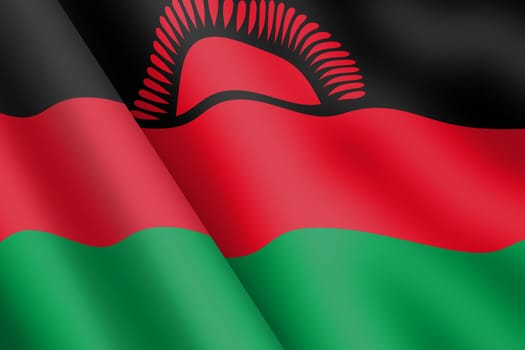 A Malawi waving flag 3d illustration wind ripple rising sun red green black