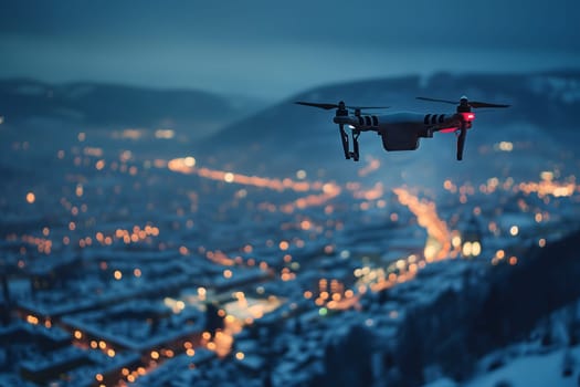 Flying drone above the city at snowy winter night. Neural network generated image. Not based on any actual scene or pattern.