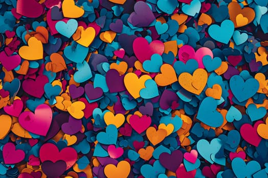 Full-frame background of colorful hearts. Neural network generated image. Not based on any actual person or scene.