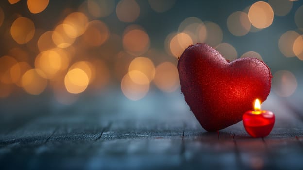 Red heart on table with selective focus and bokeh background for valentine day greeting card. Neural network generated image. Not based on any actual person or scene.