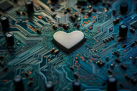 Heart-shaped microchip on green circuit board. Neural network generated image. Not based on any actual person or scene.