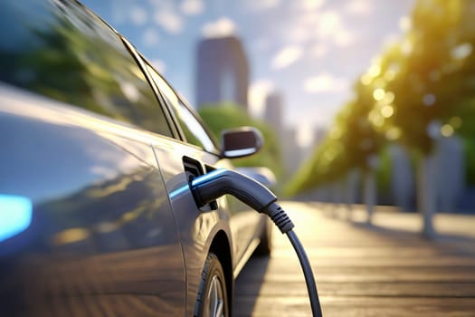 Charging an electric car with the power supply plugged into the socket, AI generated