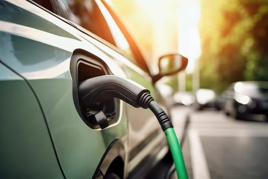 Charging an electric car with the power supply plugged into the socket, AI generated
