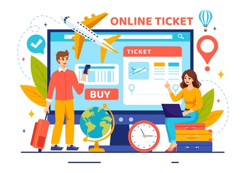 Online Travel Ticket Vector Illustration Through transportation and Journey Provider App for Booking in Flat Cartoon Background Design