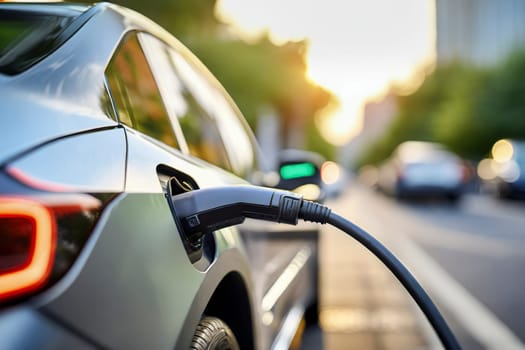 Charging an electric car with the power supply plugged into the socket, AI generated