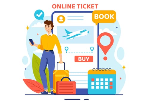 Online Travel Ticket Vector Illustration Through transportation and Journey Provider App for Booking in Flat Cartoon Background Design