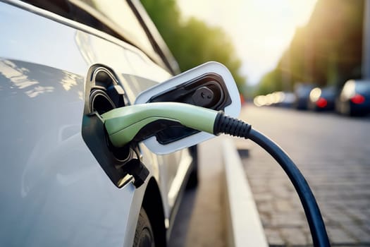Charging an electric car with the power supply plugged into the socket, AI generated