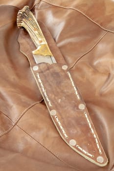 Hunting knife with antler handle. Selective focus with shallow depth of field.