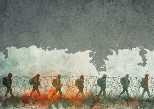 Refugees behind barbed wire, exile camp, border, illegal immegration, prison fence, human rights and racism