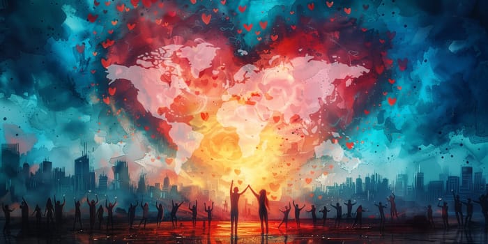 Friendship, humanitarian aid, human rights and respect, support and justice, multicultural team, hand with heart