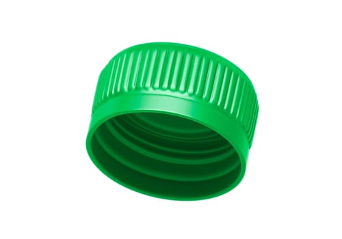 Green plastic bottle caps isolated on white background