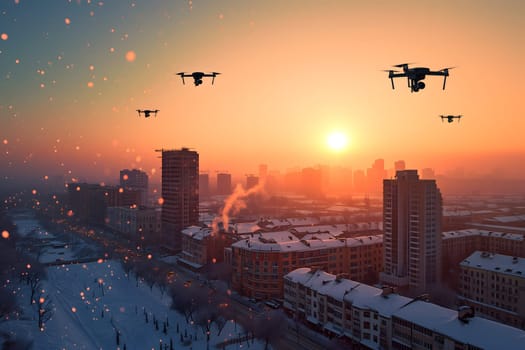 group of drones over city at winter sunset or sunrise. Neural network generated image. Not based on any actual scene or pattern.