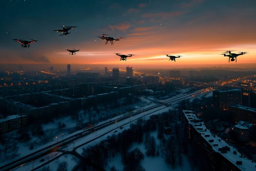group of drones over city at winter sunset or sunrise. Neural network generated image. Not based on any actual scene or pattern.
