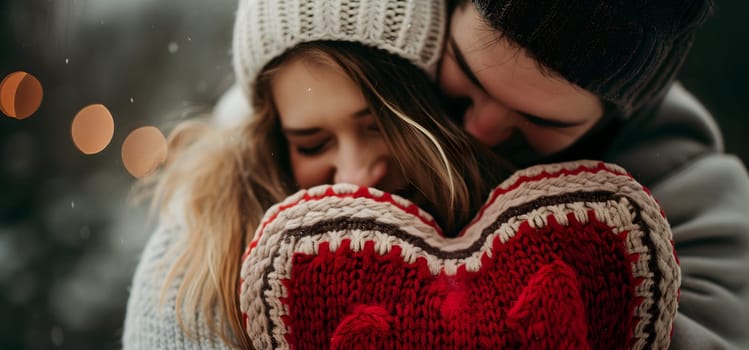 Heterosexual couple hugging at valentines day. Closeup portrait. Neural network generated image. Not based on any actual person or scene.