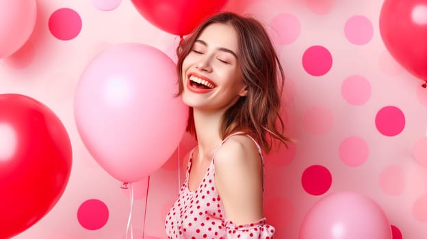 Young adult woman with red and pink air balloons laughing, on pink polka dots background. Happy holiday party. Joyful beauty having fun, celebrating Valentine's Day. Neural network generated image.