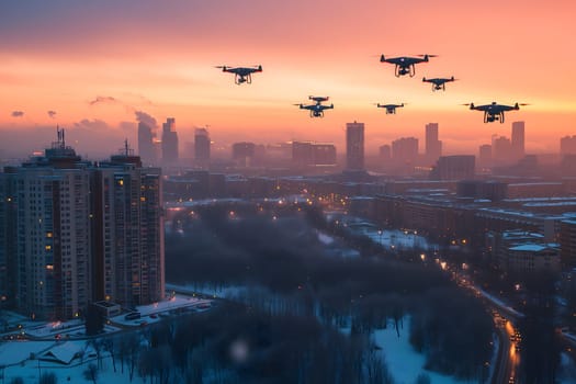 group of drones over city at winter sunset or sunrise. Neural network generated image. Not based on any actual scene or pattern.