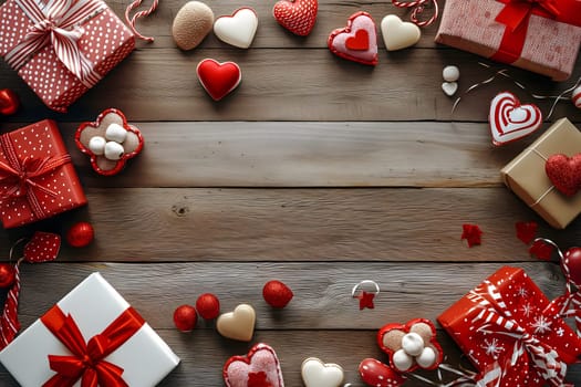 Top view Valentines Day or birthday party layout with red decor. Neural network generated image. Not based on any actual person or scene.