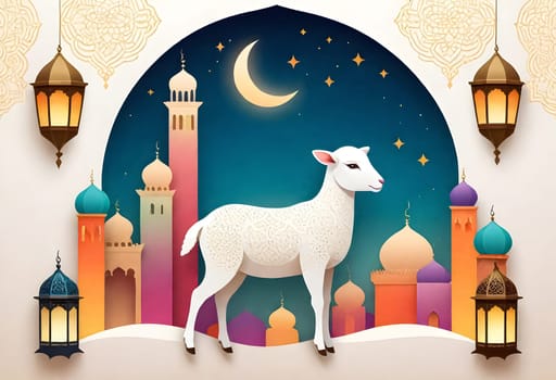 AI generated of a sheep is standing in front of a mosque with a moon and a mosque in the background