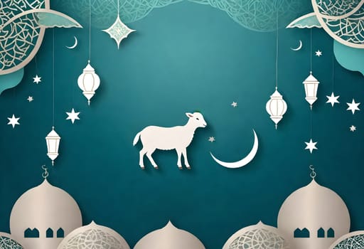 AI generated of a wall with a goat, lanterns and the moon on it